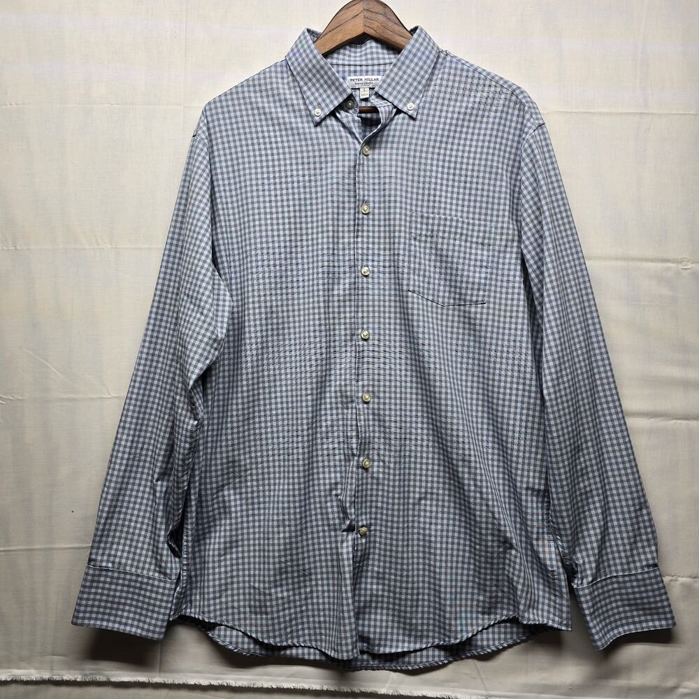 Peter Millar Men's Large Summer Comfort‎ Statler Performance Check Shirt Blue